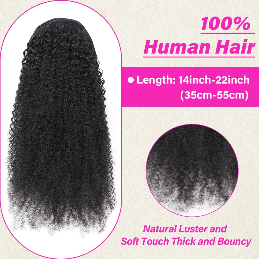 Drawstring Ponytail Deep Kinky Curly  Human Hair Clip Ponytail Extension Protective Style Brown Afrofor Women  Natural Black