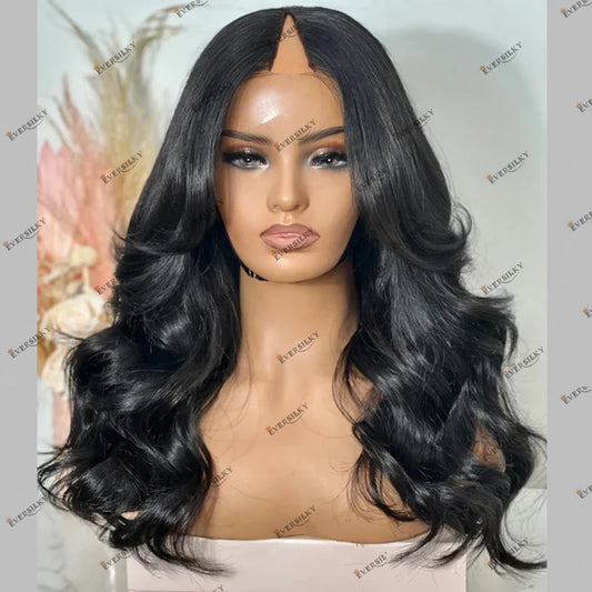 Glueless Wavy Human Hair 1X4 V Part Wigs #1 #2 #4 Natural Wave Peruvian Remy Human Hair Wigs for Women Easy Install Clips Wig