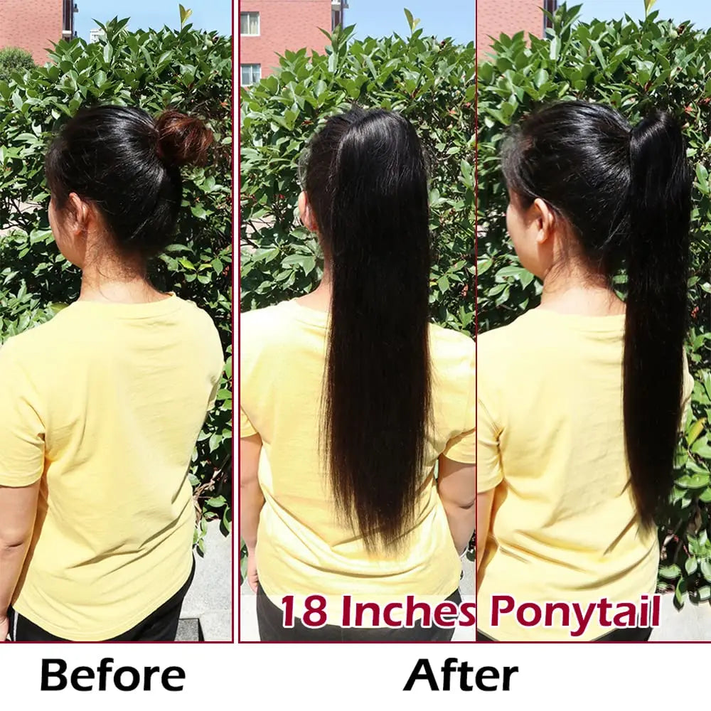 Straight Human Hair Ponytail Drawstring 100% Remy Ponytails Extension for Women Brazilian Long Straight Hair Natural Color #1B