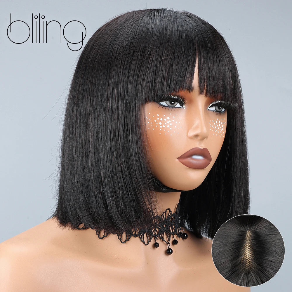 200% Human Hair Wig With Bang Natural Glueless Straight Layered Bob Hairstyle 1X13 Transparent Lace Black for Women 10 Inch