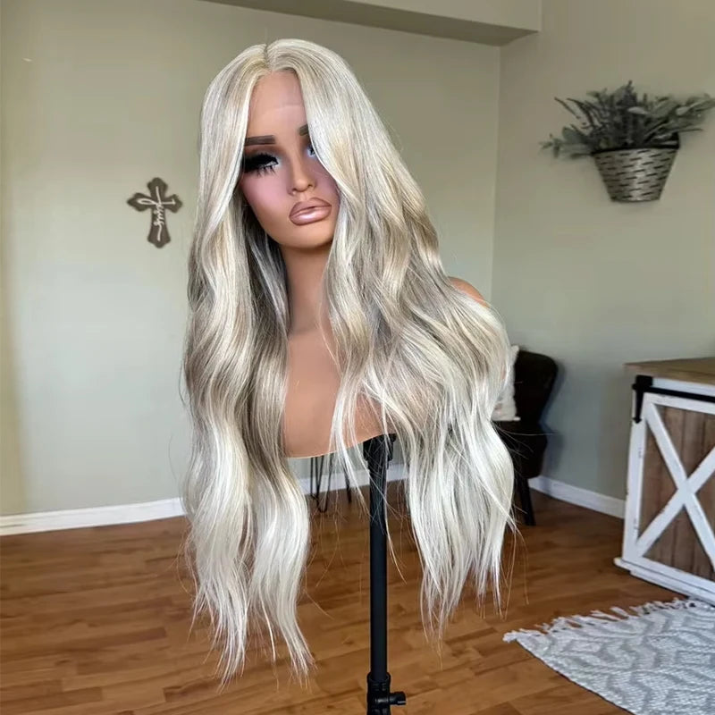 HD Lace Front Glueless Wig Platinum Ash Blonde Balayage Colored Wig Heat Resistant Luxury Human Hair Synthetic Blended Fiber