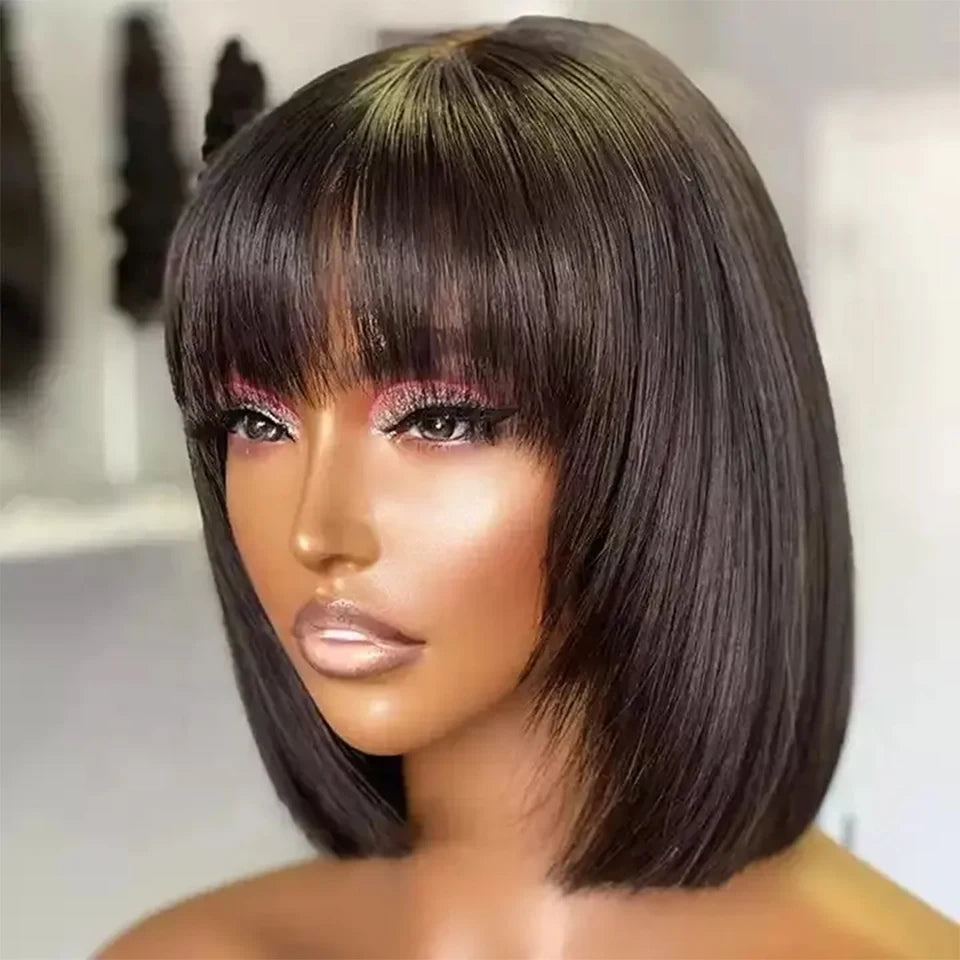 Cheap Double Drawn Virgin Hair Bob Wig With Bang Glueless Real Vietnamese Bone Straight Full Machine Made Human Hair Wigs Fringe
