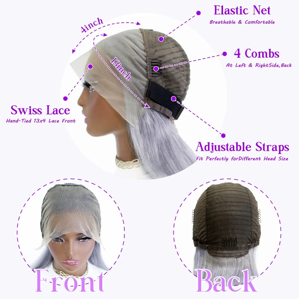 Human Hair Silver Grey Straight Bob Wigs Lace Front Pix Cut Human Hair Short Wigs Gray Colored 13X4 Lace Frontal Bob Wig 14 Inch