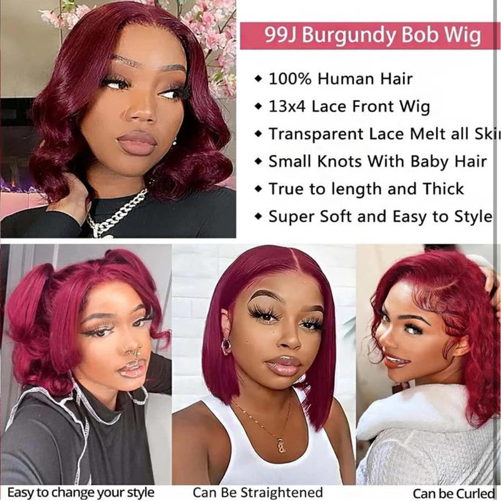 12Inch 99j Bob Wig Human Hair Glueless 13x4 HD Transparent Lace Frontal Wig Human Hair Bob Wigs PrePlucked 180% Density