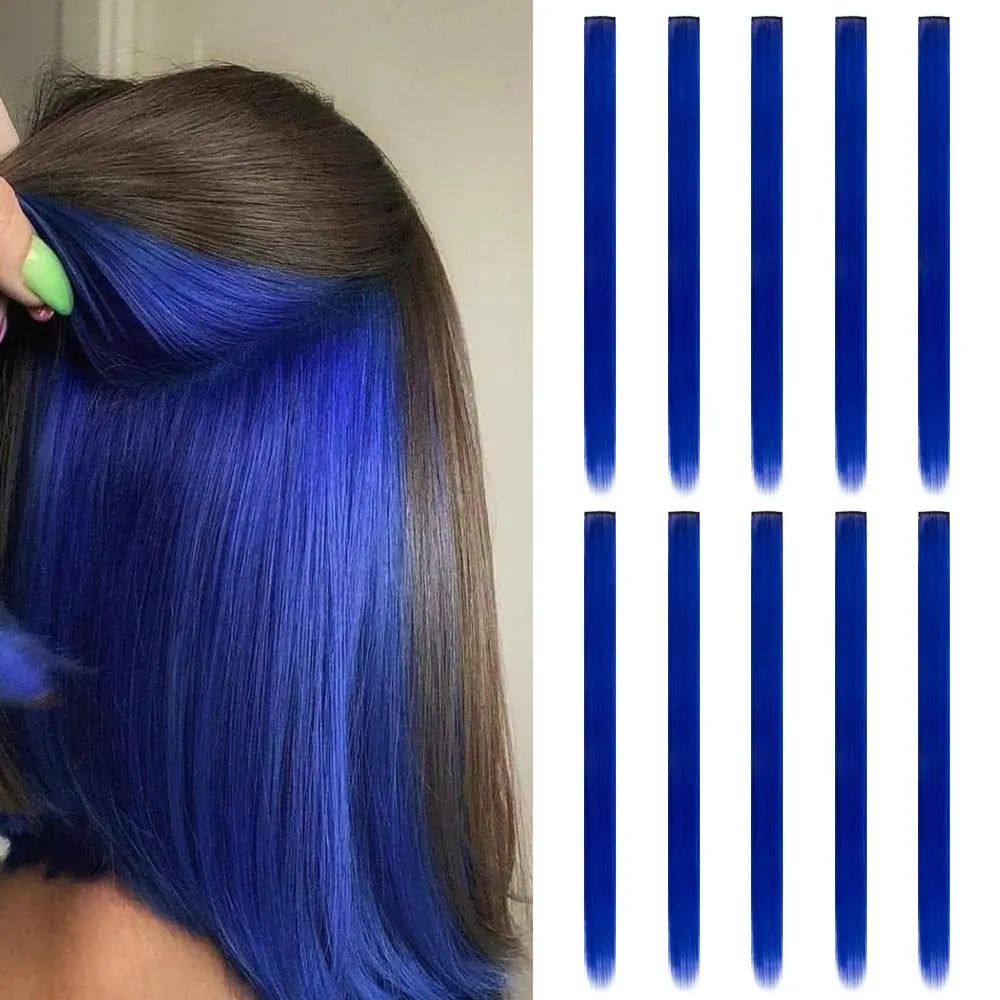 Synthetic 10 PC Hair Extensions Red and Blue Clip in SOlldag Colored Party Highlights Straight Hairpiece for Kids Girls Women