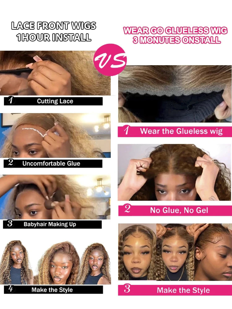 Wear And Go Glueless Wig Ombre Highlight Deep Water Wave 6x4 Hd Lace Glueless Pre Plucked Human Wigs Ready To Go Curly Wig 100%