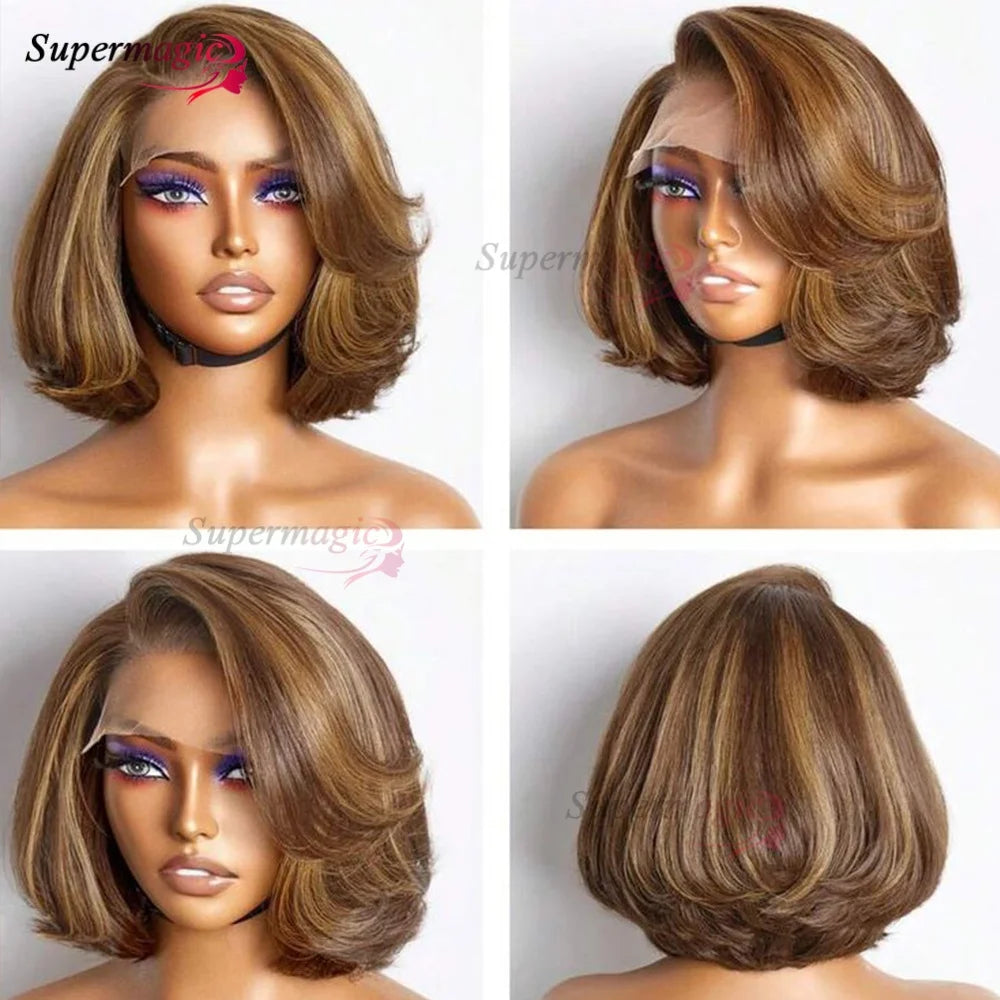 13x4 Frontal Wig New Trendy Layered Cut Straight Human Hair Wigs Short Wig Highlight Piano Color 4X4 Lace Closure Wig for Women