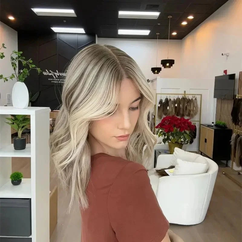 New Lace Front Glueless Wig Platinum Ash Blonde Balayage Colored Wig Heat Resistant Luxury Human Hair Synthetic Blended Fiber