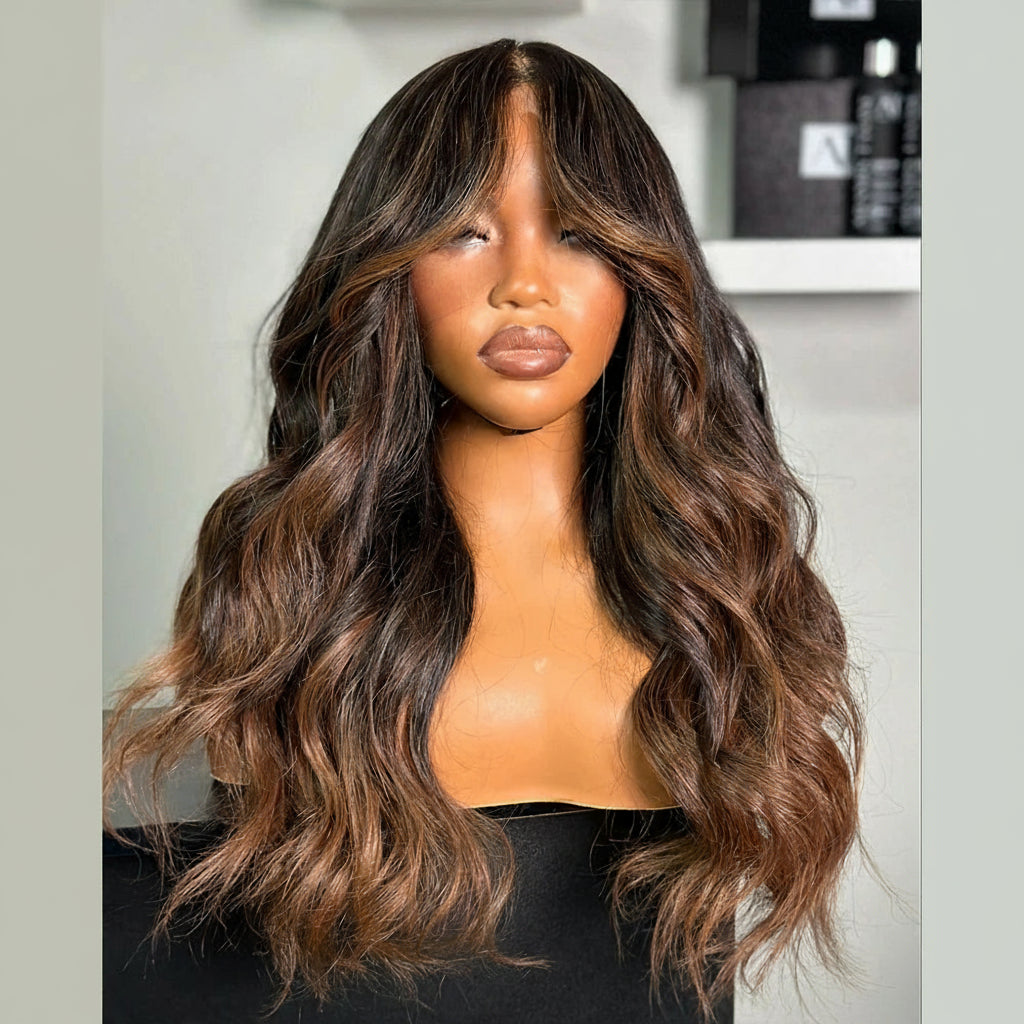 Glueless Wear And Go Lace Frontal Human Hair Wig Preplucked Blow-Out Looks Wave 13x4 Lace Wig Ombre Brown Highlight Colored Wig