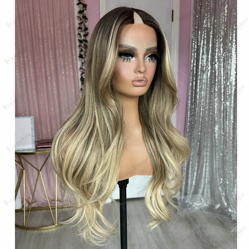 Light Ash Blonde Highligths Glueless U Part Wig Human Hair Balayage Roots Curly V Part Wig 100% Virgin Human Hair Wig for Women