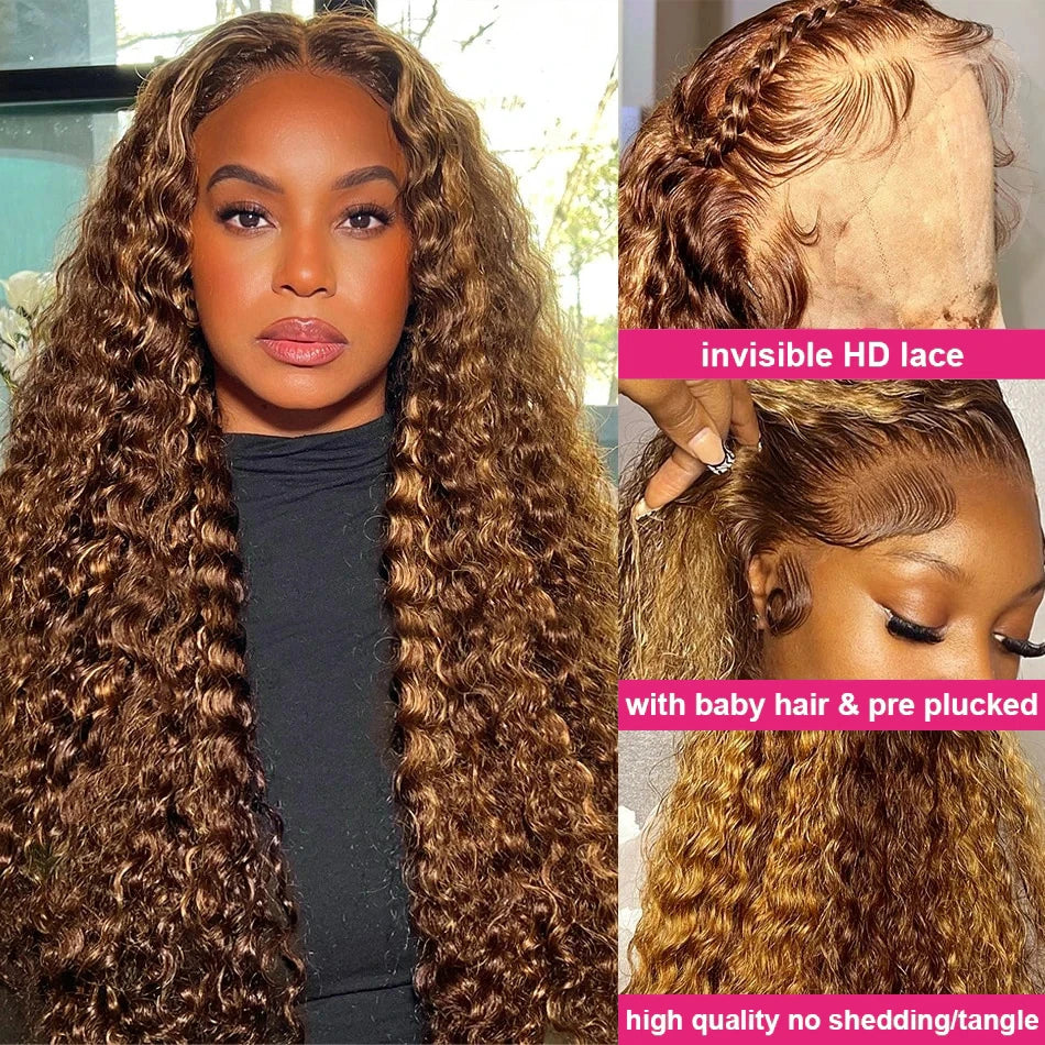 Wear And Go Glueless Wig Ombre Highlight Deep Water Wave 6x4 Hd Lace Glueless Pre Plucked Human Wigs Ready To Go Curly Wig 100%