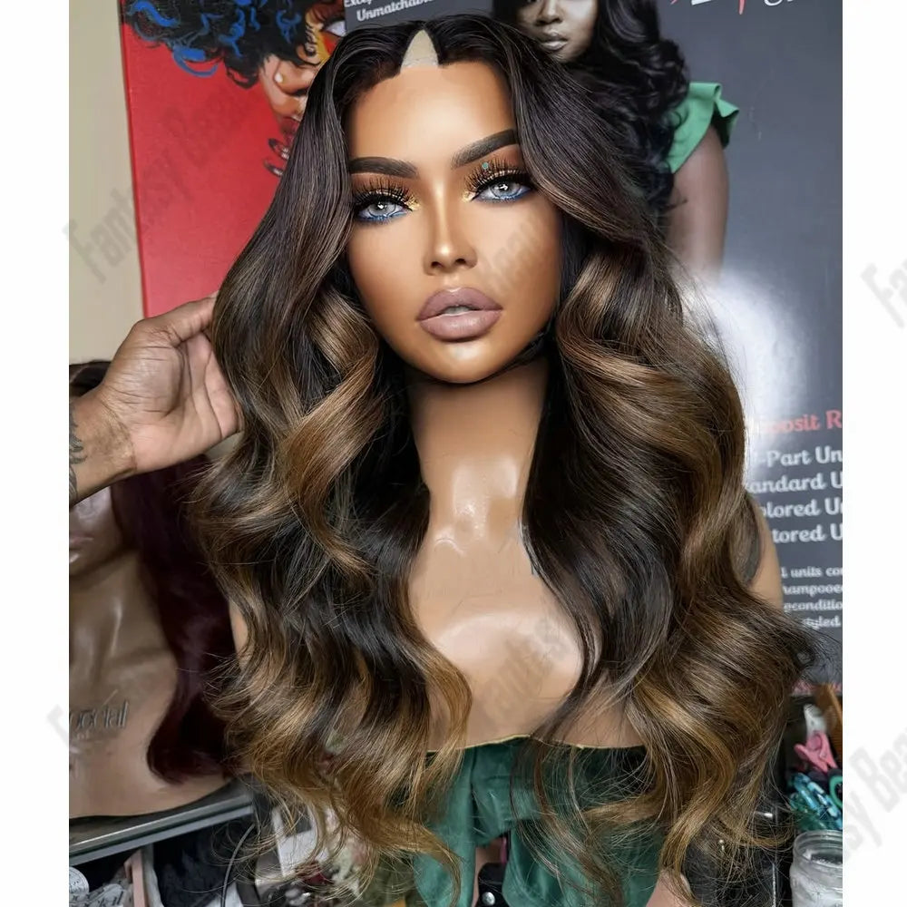 Natural Human Hair V Part Wig for Black Women Adjustable Honey Brown Balayage Loose Wave1*4Size U Part Wigs with Clips Easy Wear