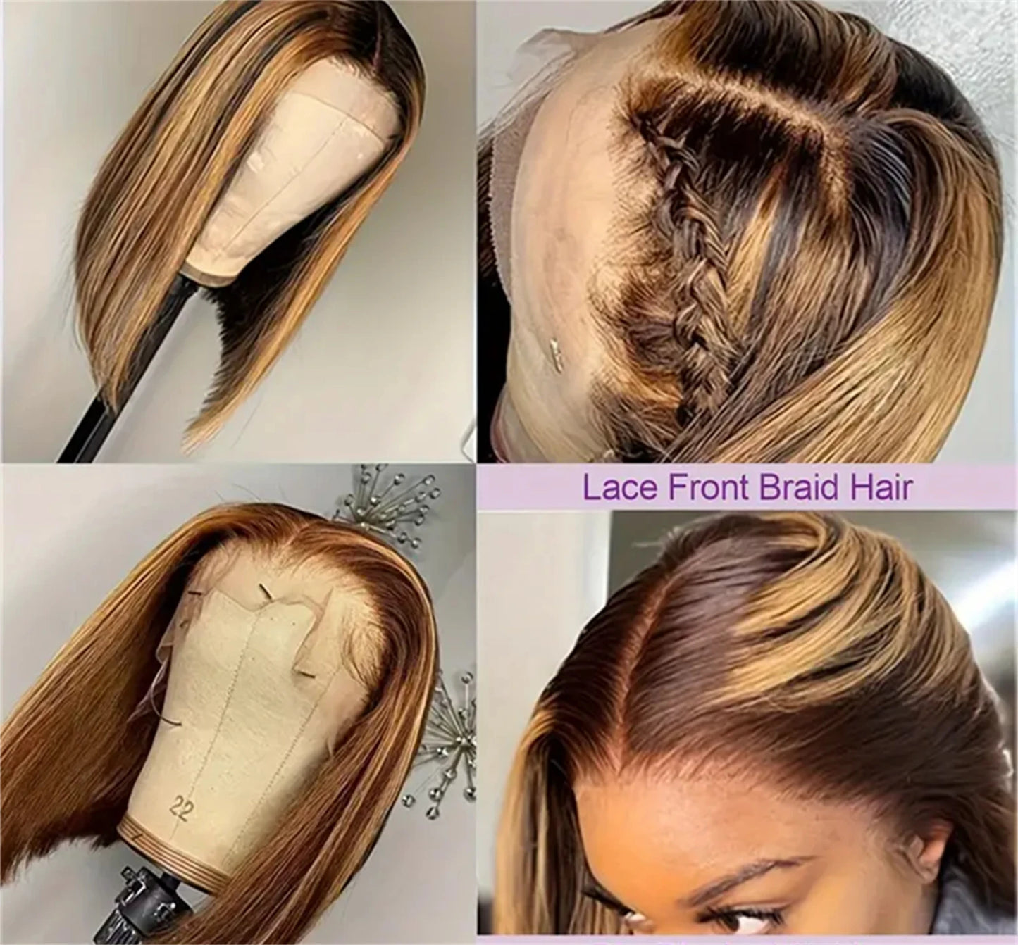 Brown Blonde Color Human Hair Bob Wig 13x4 Front Straight Bob Wig Human Hair Pre-drawn 200 Density wig 16 inches Highlight Ombre