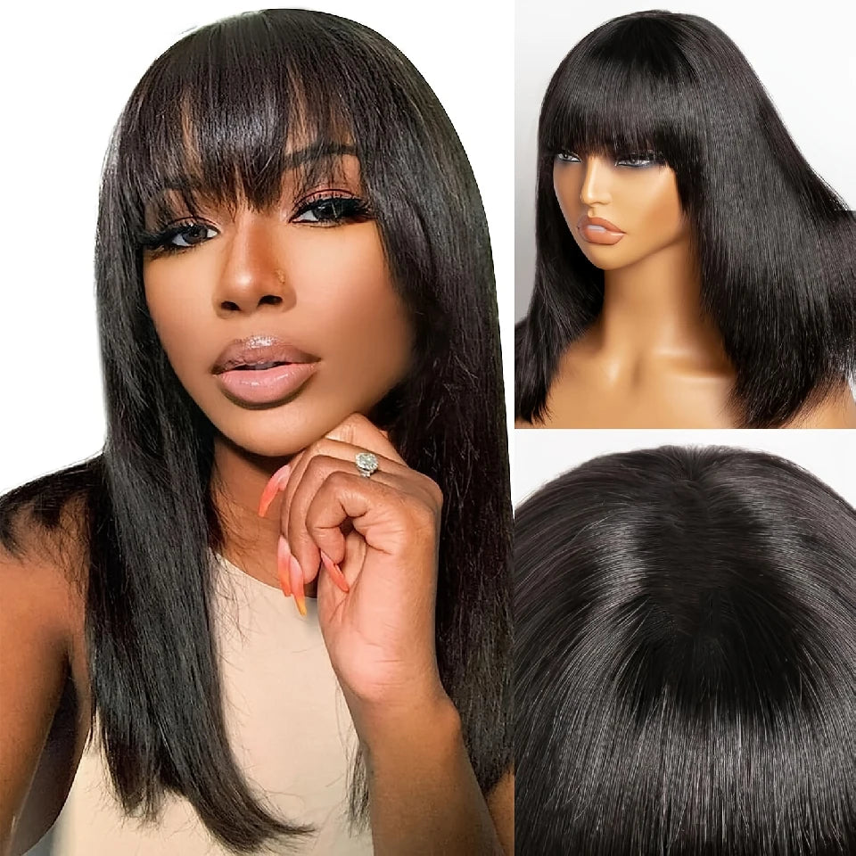 Double Drawn Short Bob Wig With Bangs Human Hair Bone Straight Vietnamese 100% Human Hair Wigs Full Machine Made Glueless Wigs