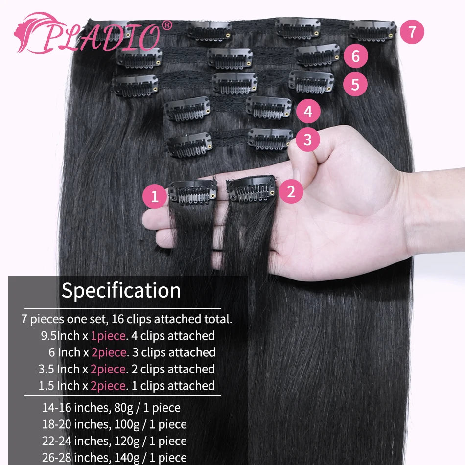 Clip in Hair Extensions Human Hair  Straight Hairpiece 100% Real Brazilian Remy Natural Human Hair 14"-28" Clip On 80G-140G