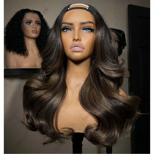 Ash Brown Hightlight 1x4 Size U Part Wig Human Hair for Women With Body Curls Glueless V Part Wig Easy Wear European Hair