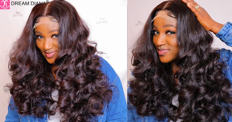 100% Human Hair Natural Black 250 Density Bouncy Curly Loose Body Wave Super Double Drawn Raw Indian Hair 13x4 Lace Frontal Wigs