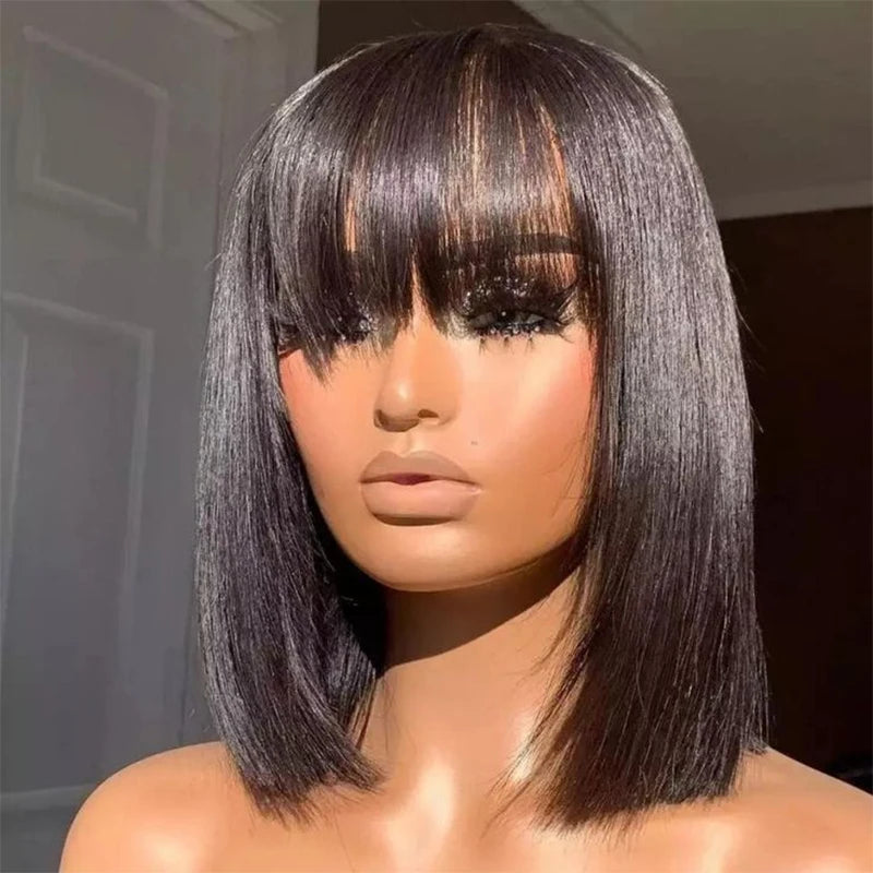 Cheap Double Drawn Virgin Hair Bob Wig With Bang Glueless Real Vietnamese Bone Straight Full Machine Made Human Hair Wigs Fringe