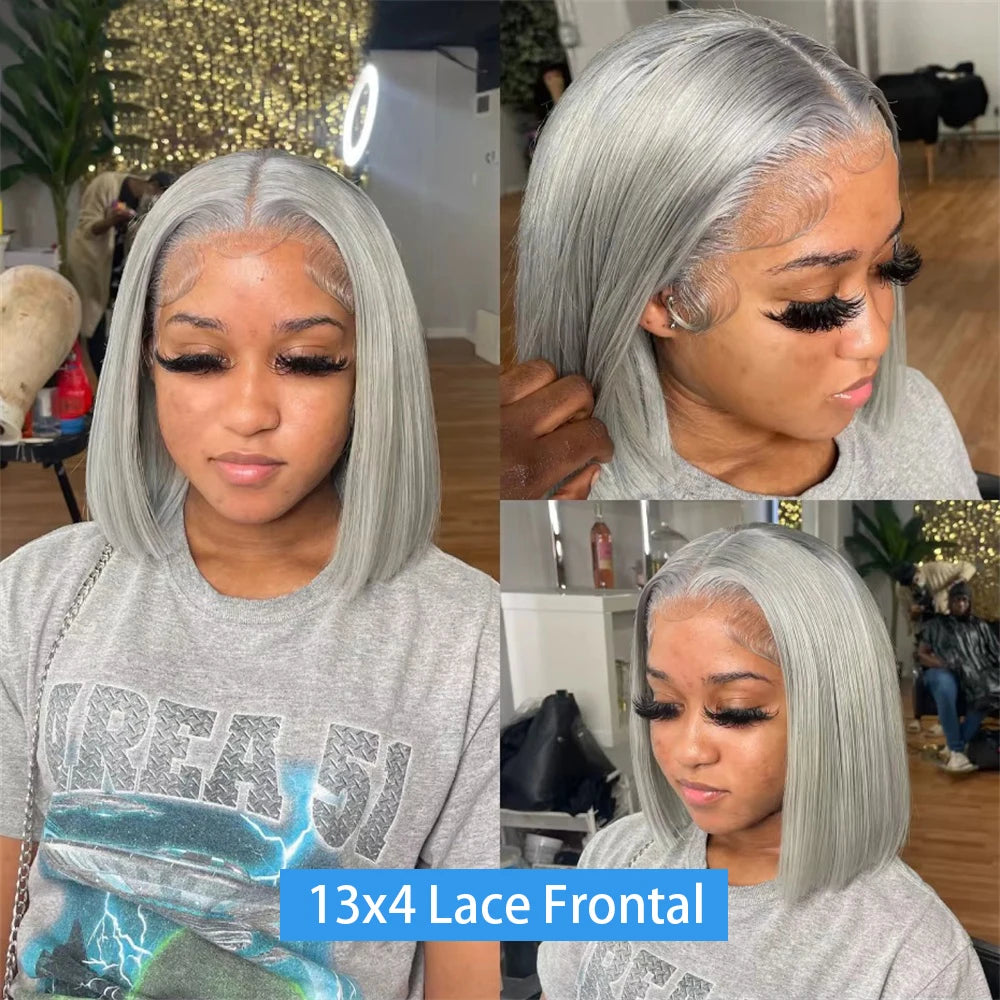 Human Hair Silver Grey Straight Bob Wigs Lace Front Pix Cut Human Hair Short Wigs Gray Colored 13X4 Lace Frontal Bob Wig 14 Inch