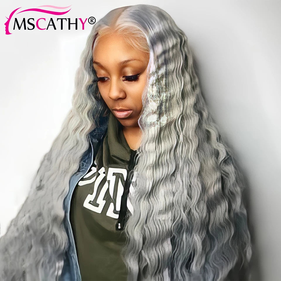 Glueless Grey Colored Deep Wave Human Hair Wigs For Women Silver Gray 13x4 Lace Wig Preplucked HD Transparent Lace Frontal Wig