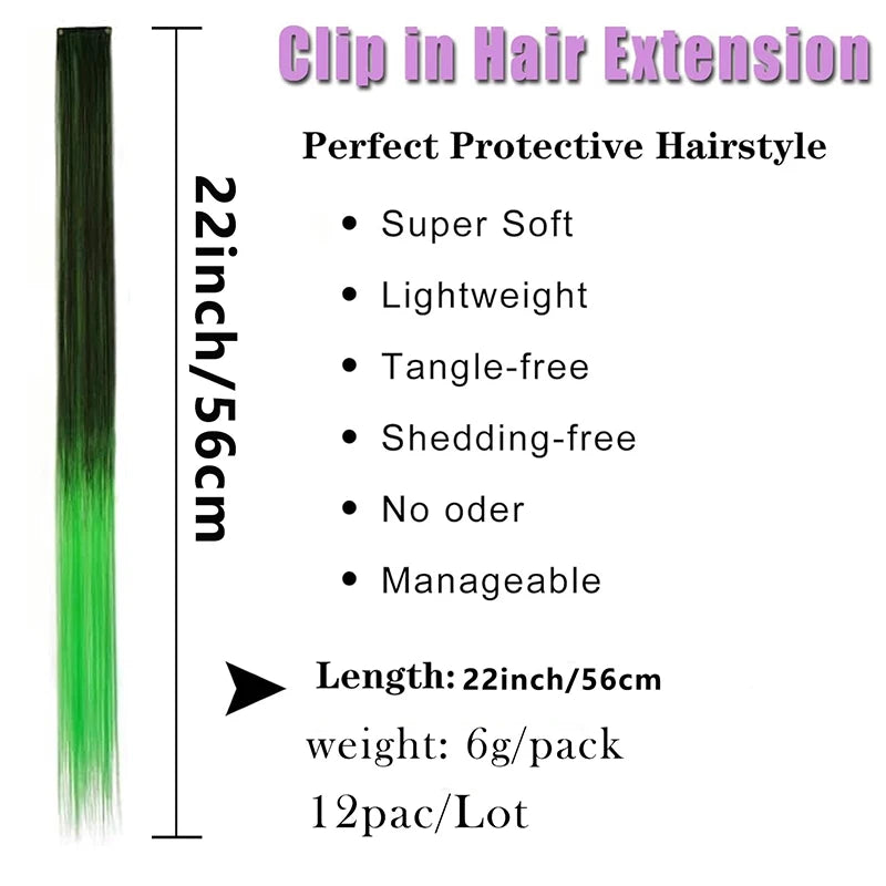 Colored Clip in Hair Extensions 22 Inch Straight Syntactic Pink Color Hairpiece Rainbow Party Highlights for Women Girls Kids