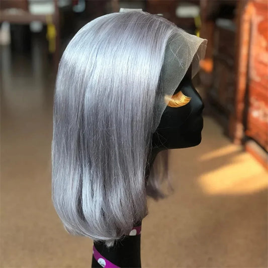 Human Hair Silver Grey Straight Bob Wigs Lace Front Pix Cut Human Hair Short Wigs Gray Colored 13X4 Lace Frontal Bob Wig 14 Inch