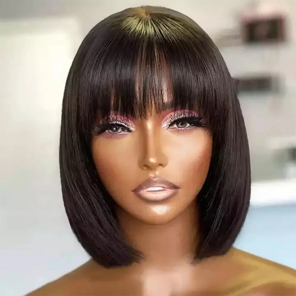 Cheap Double Drawn Virgin Hair Bob Wig With Bang Glueless Real Vietnamese Bone Straight Full Machine Made Human Hair Wigs Fringe