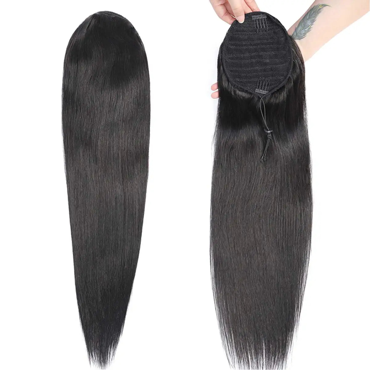 Straight Human Hair Ponytail Drawstring 100% Remy Ponytails Extension for Women Brazilian Long Straight Hair Natural Color #1B
