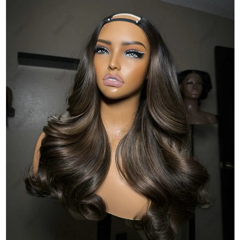 Ash Brown Hightlight 1x4 Size U Part Wig Human Hair for Women With Body Curls Glueless V Part Wig Easy Wear European Hair