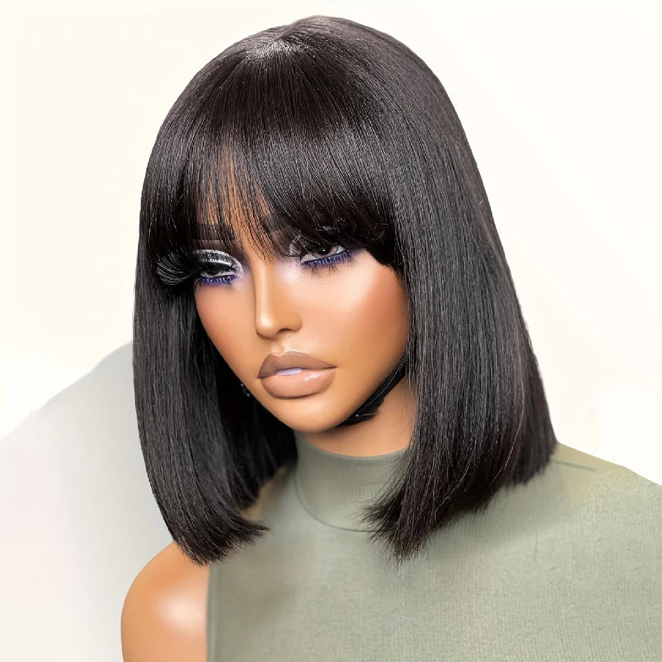 Double Drawn Short Bob Wig With Bangs Human Hair Bone Straight Vietnamese 100% Human Hair Wigs Full Machine Made Glueless Wigs