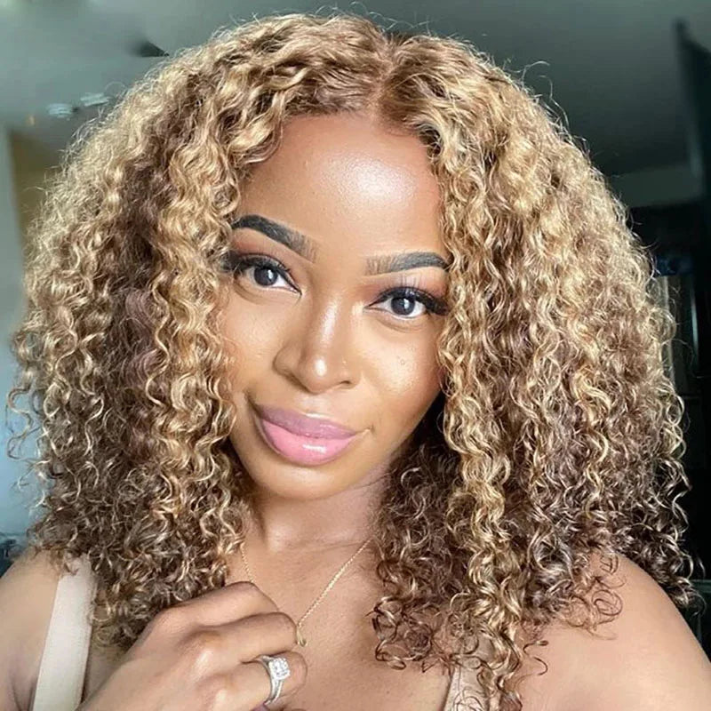 Highlights Honey Blonde Afro Women  Kinky Curly 100% Human Hair U Shaped Wigs with Clips/Combs Chestnut Brown Full V Part Wigs