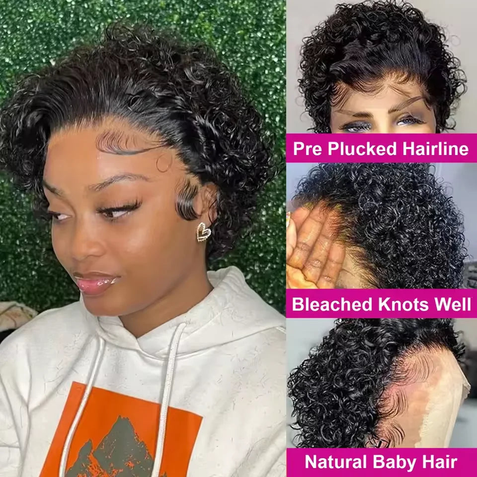 Pixie Cut Wig 13x1 Lace Frontal Short Kinky Curly Bob Wigs Brazilian Water Wave Transparent Lace Front Human Hair Short Wigs