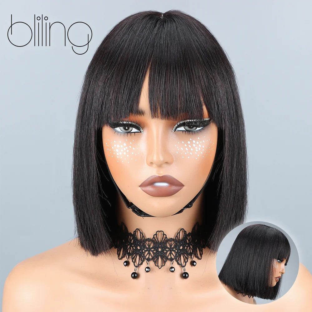 200% Human Hair Wig With Bang Natural Glueless Straight Layered Bob Hairstyle 1X13 Transparent Lace Black for Women 10 Inch