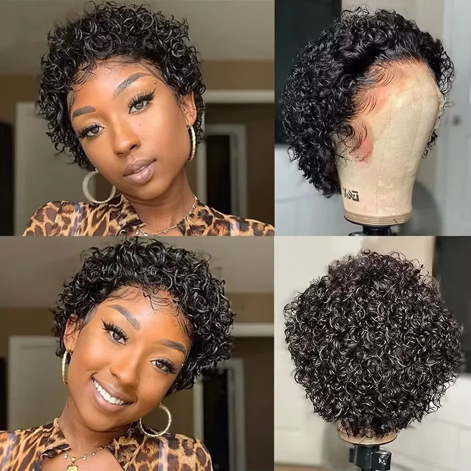 Pixie Cut Wig 13x1 Lace Frontal Short Kinky Curly Bob Wigs Brazilian Water Wave Transparent Lace Front Human Hair Short Wigs