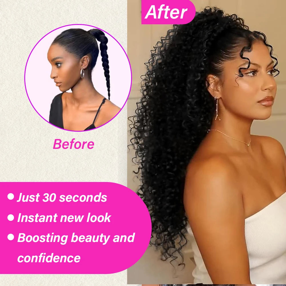 Drawstring Ponytail Deep Kinky Curly  Human Hair Clip Ponytail Extension Protective Style Brown Afrofor Women  Natural Black