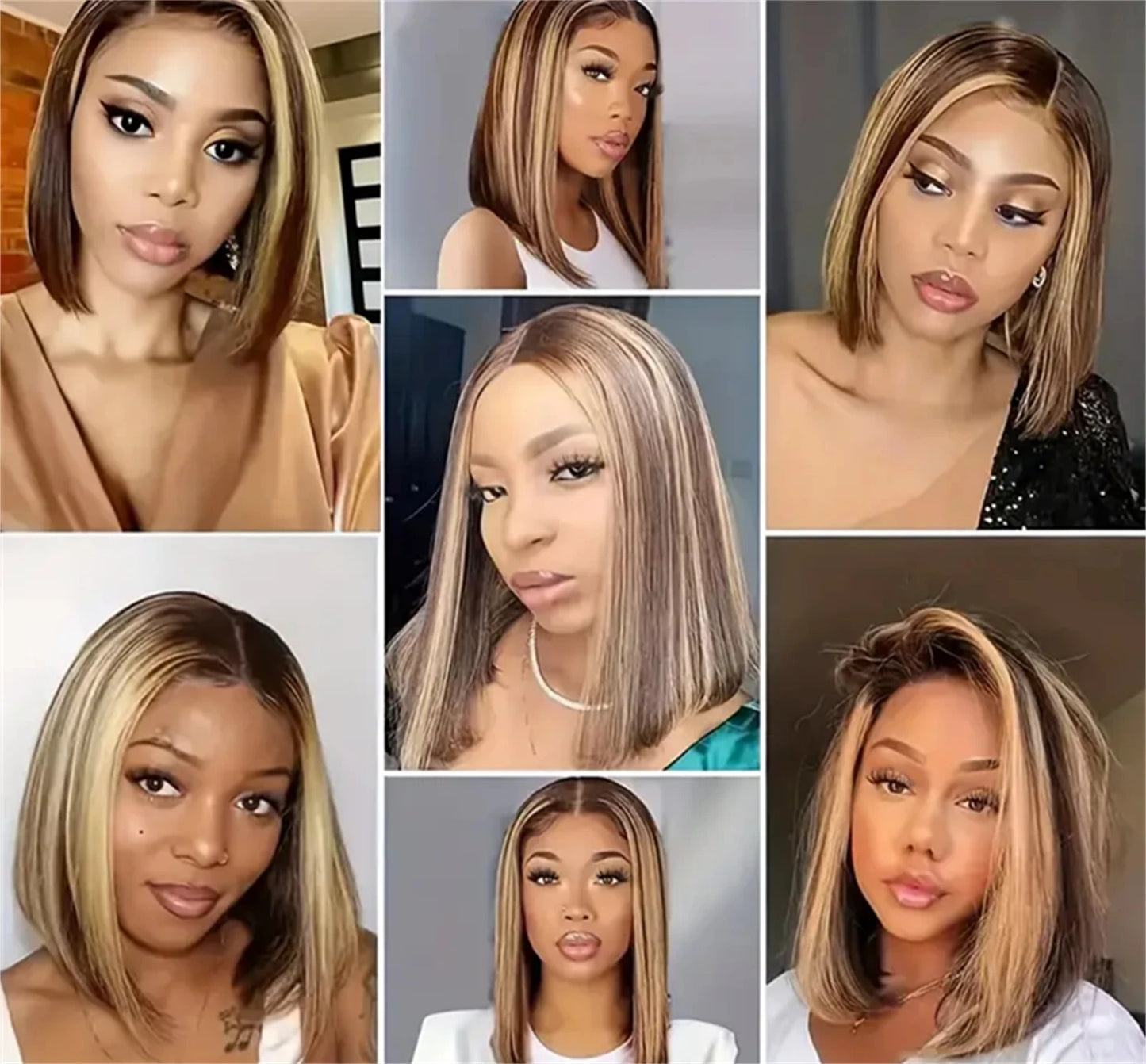 Brown Blonde Color Human Hair Bob Wig 13x4 Front Straight Bob Wig Human Hair Pre-drawn 200 Density wig 16 inches Highlight Ombre