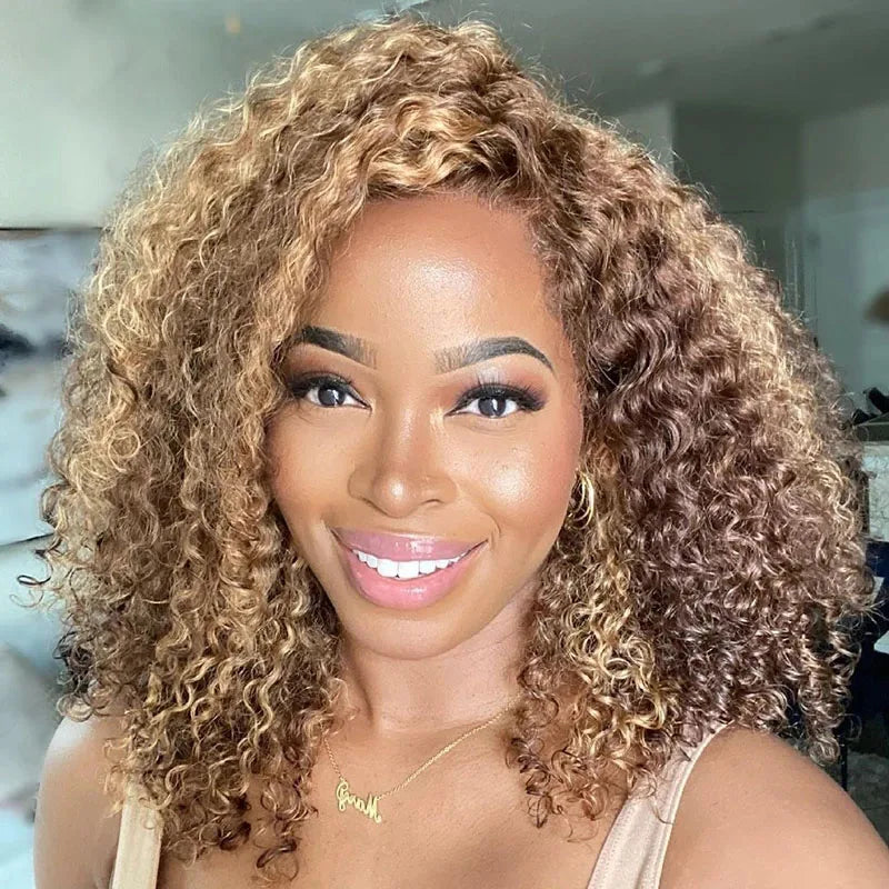 Highlights Honey Blonde Afro Women  Kinky Curly 100% Human Hair U Shaped Wigs with Clips/Combs Chestnut Brown Full V Part Wigs