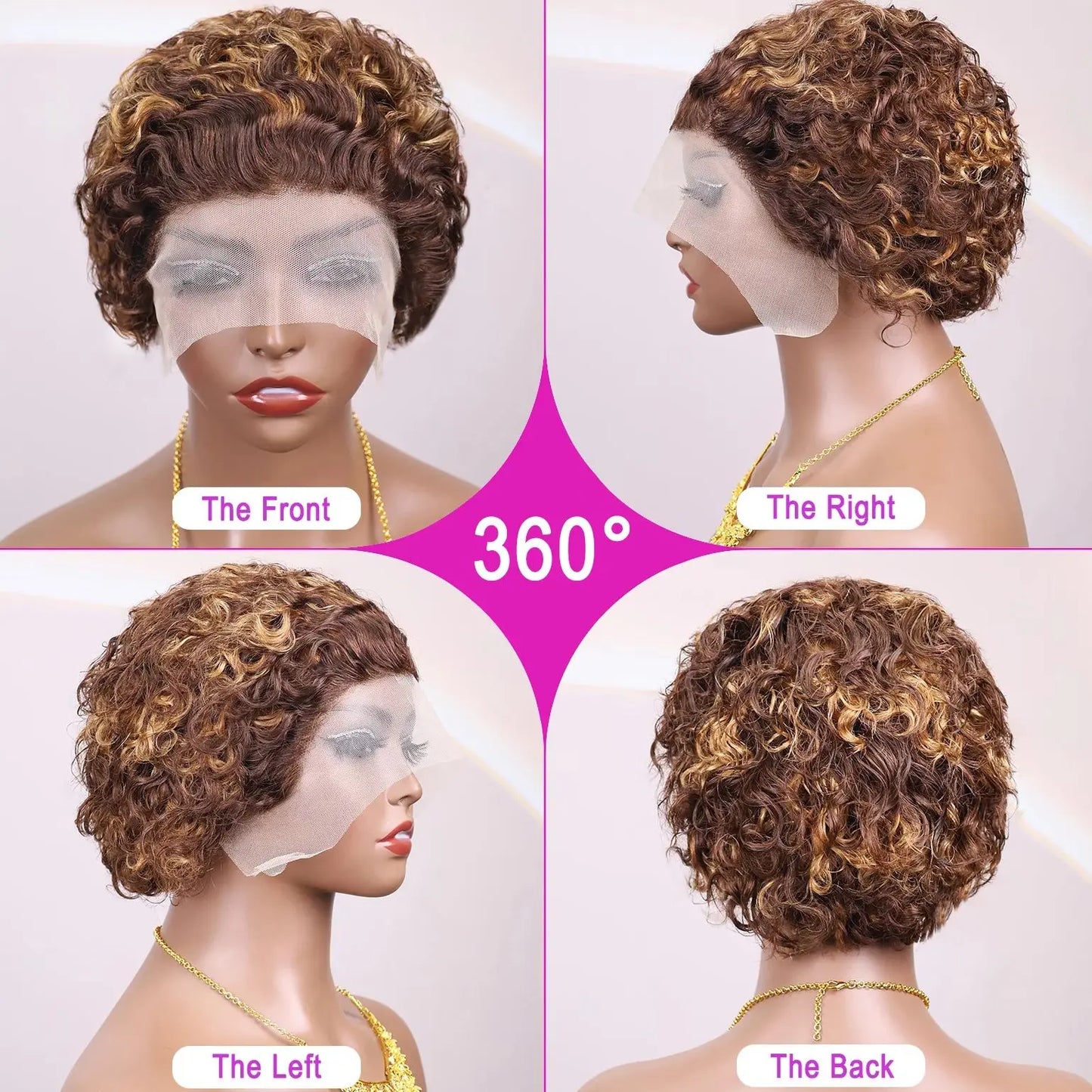 Hightlght Curly Pixie Cut Wig 4/27 Honey Blonde Short Curly Lace Front Human Hair Wigs 13x1 Water Wave Bob Wigs Human Hair 100%