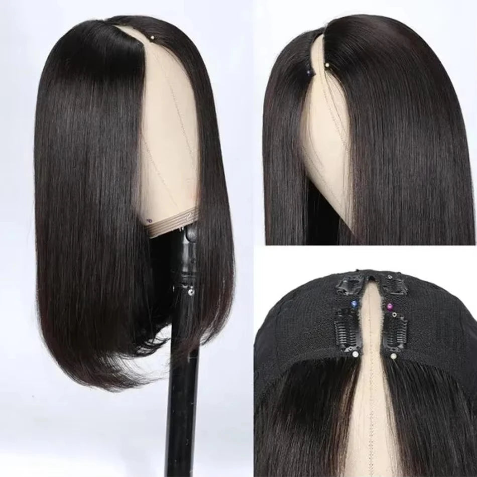 Brazilian Straight Bob Wig Human Hair Machine Made V Part Wigs Natural Color Full Head Clip in Half Wig For Women Human Hair
