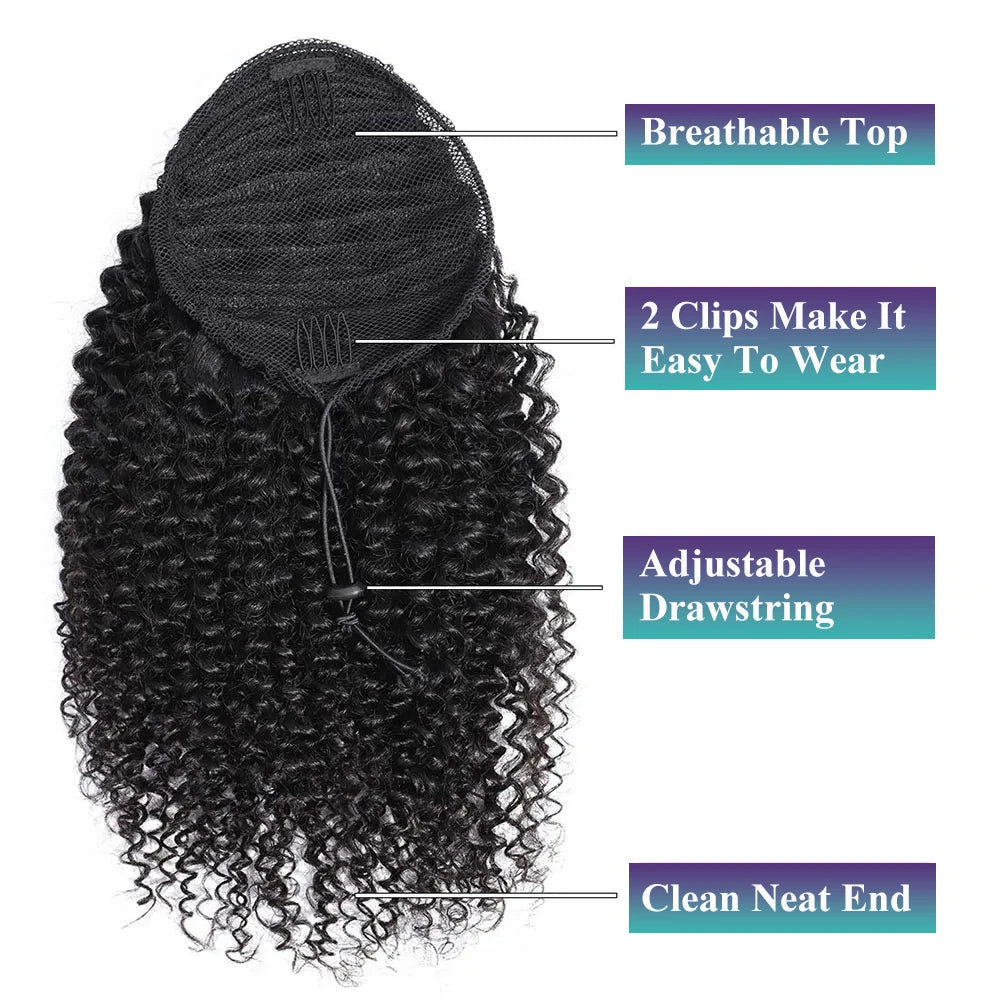 Deep Wave Drawstring Ponytail Human Hair Ponytails #1B Natural Black Curly Clip In Hair Extensions For Daily Cosplay 1 Pieces