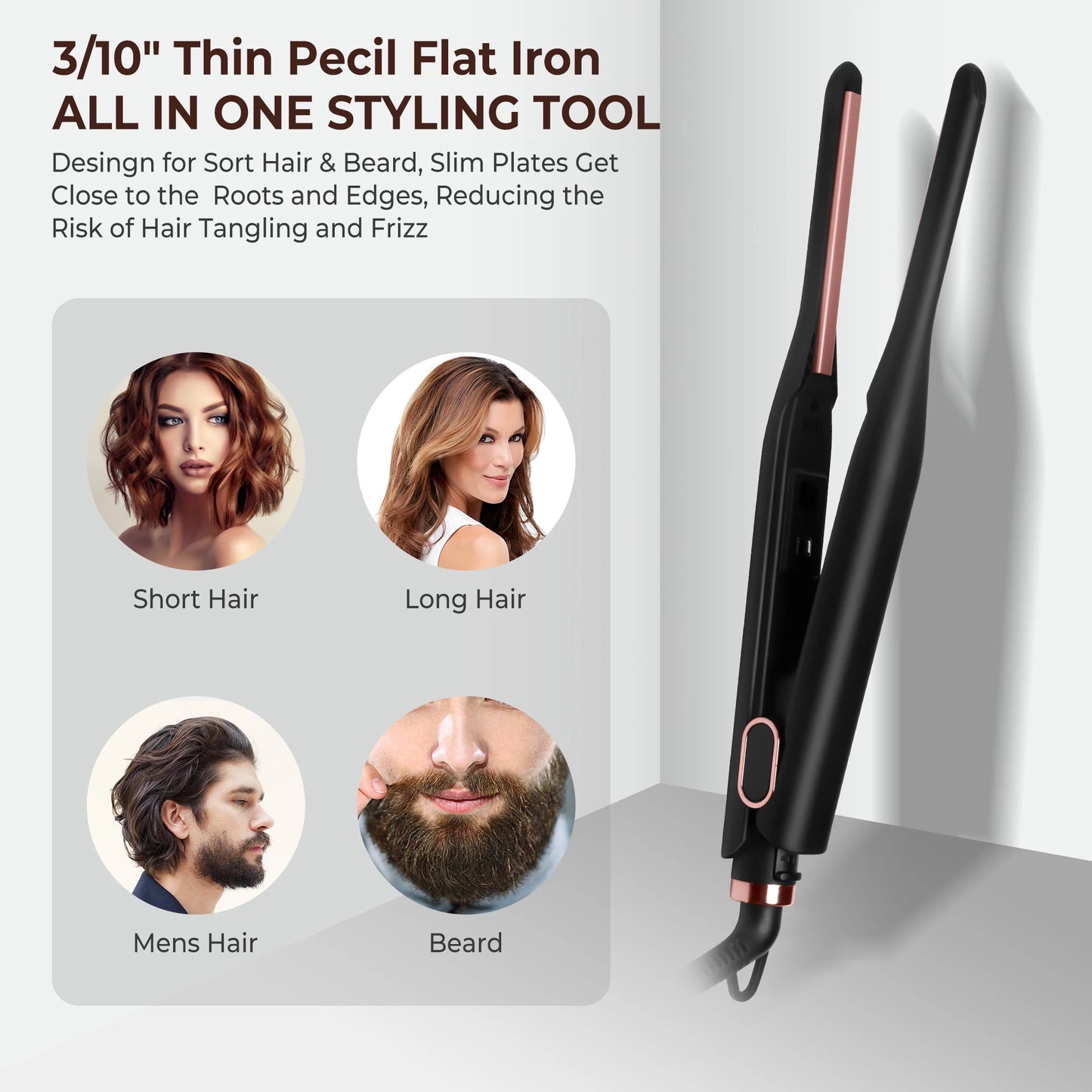 Small Flat Iron for Short Hair, Temperature Adjustable Pencil Flat Iron Fast Heat Up, 3/10 Inch Beard Straightening Iron
