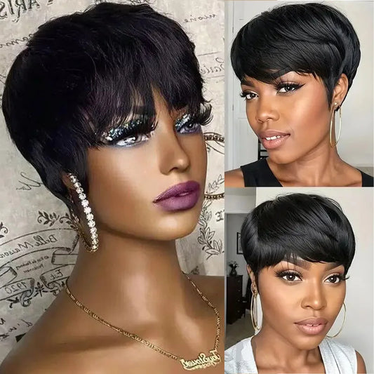 Short Pixie Cut Wig Human Hair For Black Women Machine Made Wigs With Bangs Colored Wig Human Hair Wigs