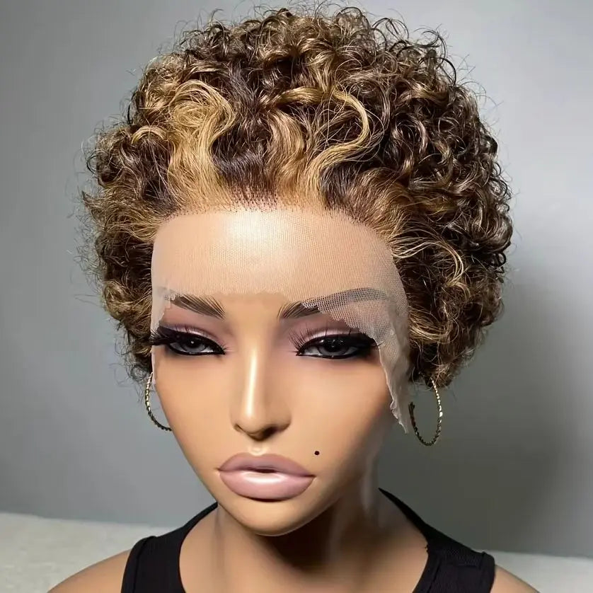 Hightlght Curly Pixie Cut Wig 4/27 Honey Blonde Short Curly Lace Front Human Hair Wigs 13x1 Water Wave Bob Wigs Human Hair 100%