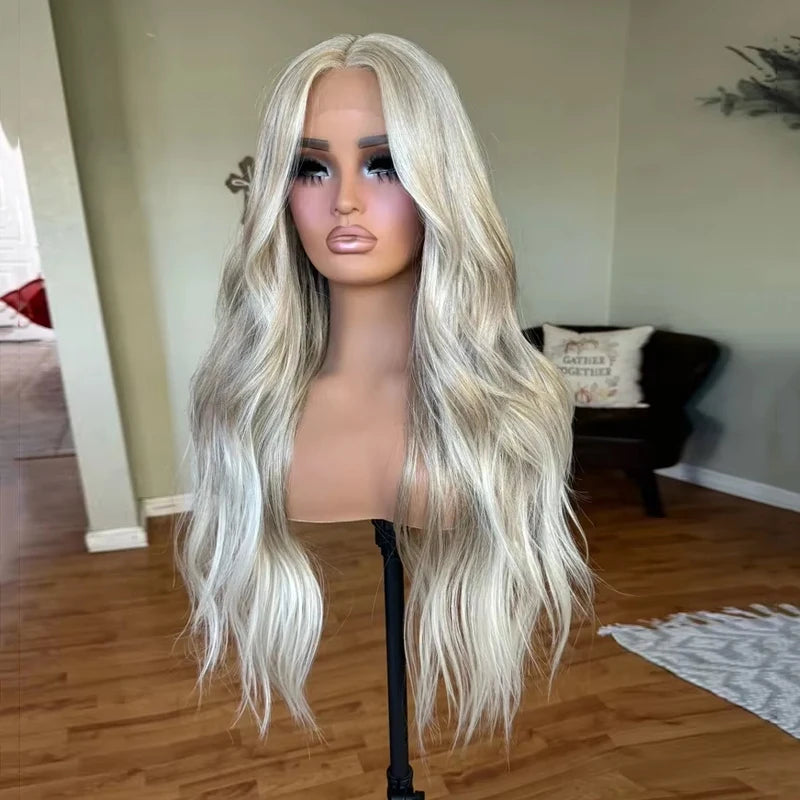 HD Lace Front Glueless Wig Platinum Ash Blonde Balayage Colored Wig Heat Resistant Luxury Human Hair Synthetic Blended Fiber