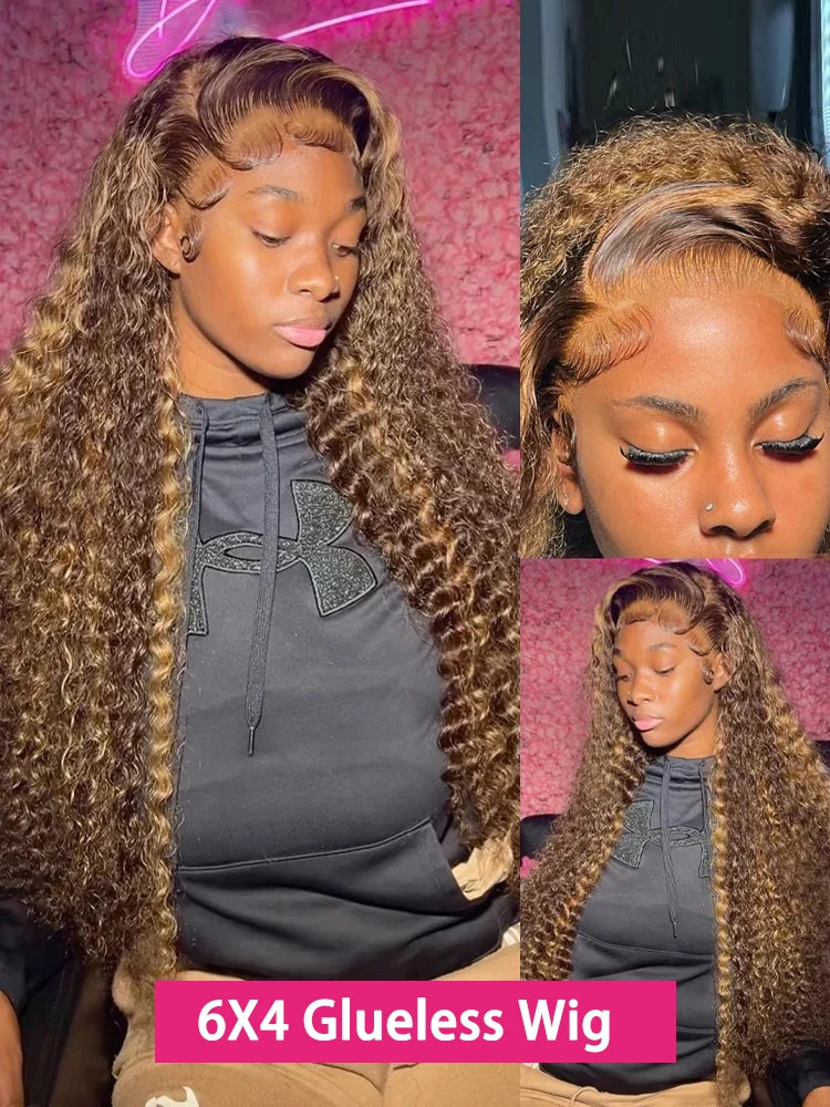 Wear And Go Glueless Wig Ombre Highlight Deep Water Wave 6x4 Hd Lace Glueless Pre Plucked Human Wigs Ready To Go Curly Wig 100%