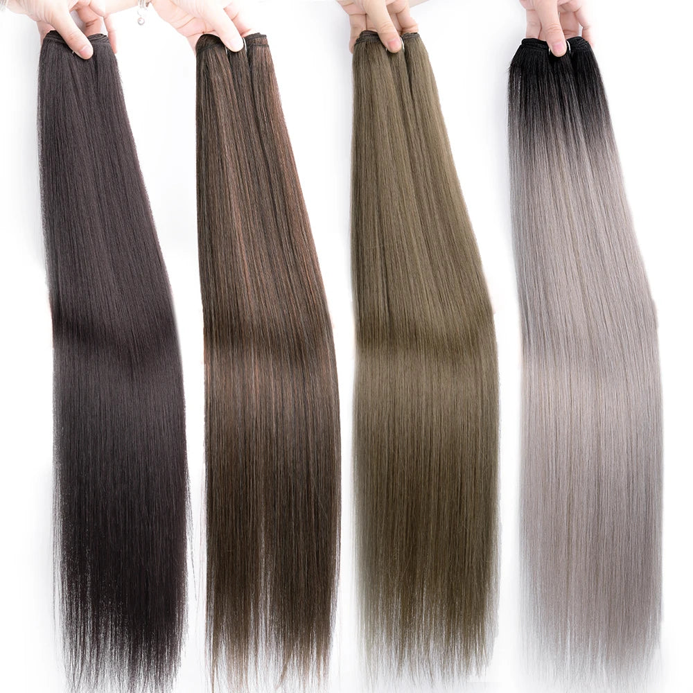 Straight Hair Extensions Synthetic Smooth Ombre Hair Weaving 26 inches brown Synthetic Straight Hair Bundles Full To End