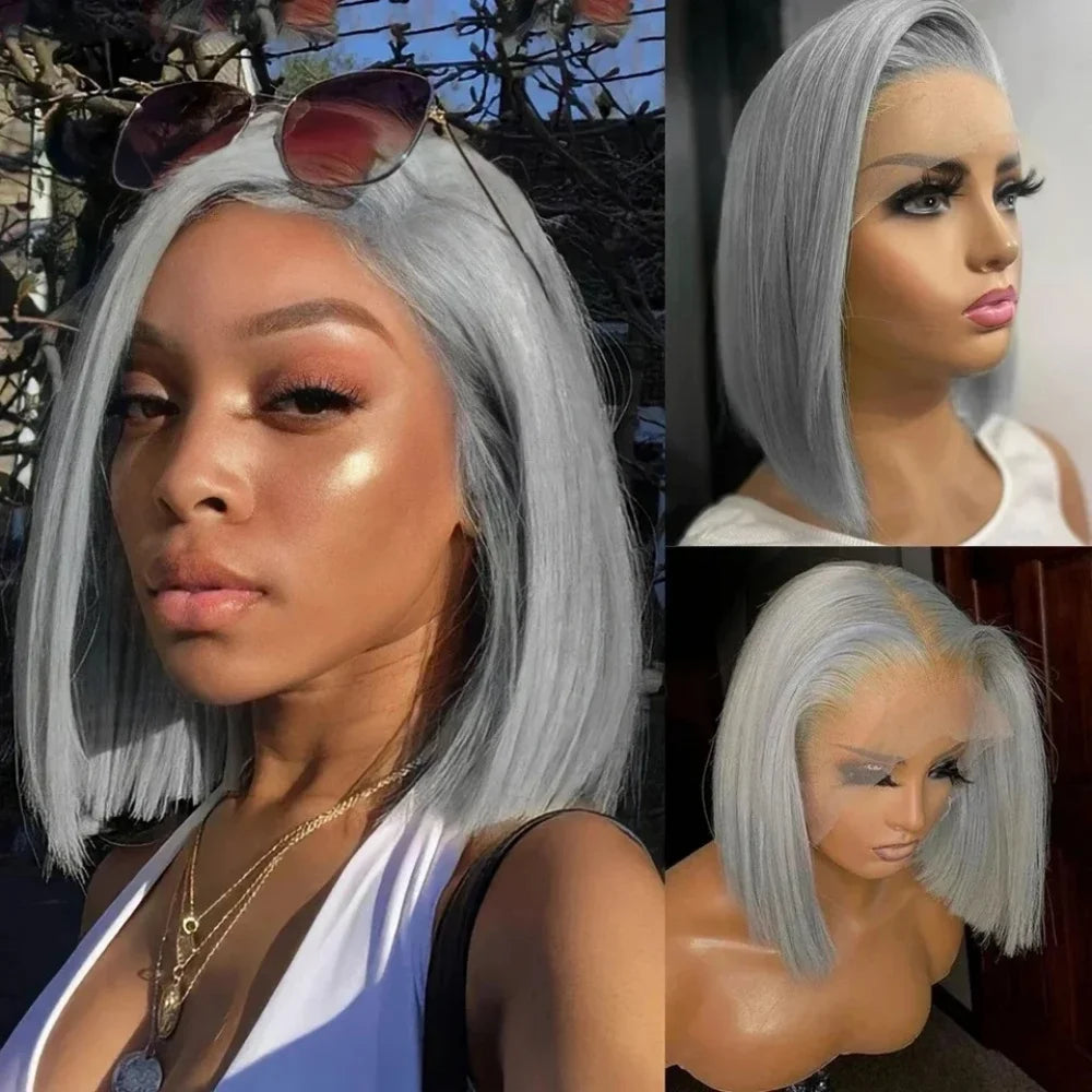 Human Hair Silver Grey Straight Bob Wigs Lace Front Pix Cut Human Hair Short Wigs Gray Colored 13X4 Lace Frontal Bob Wig 14 Inch