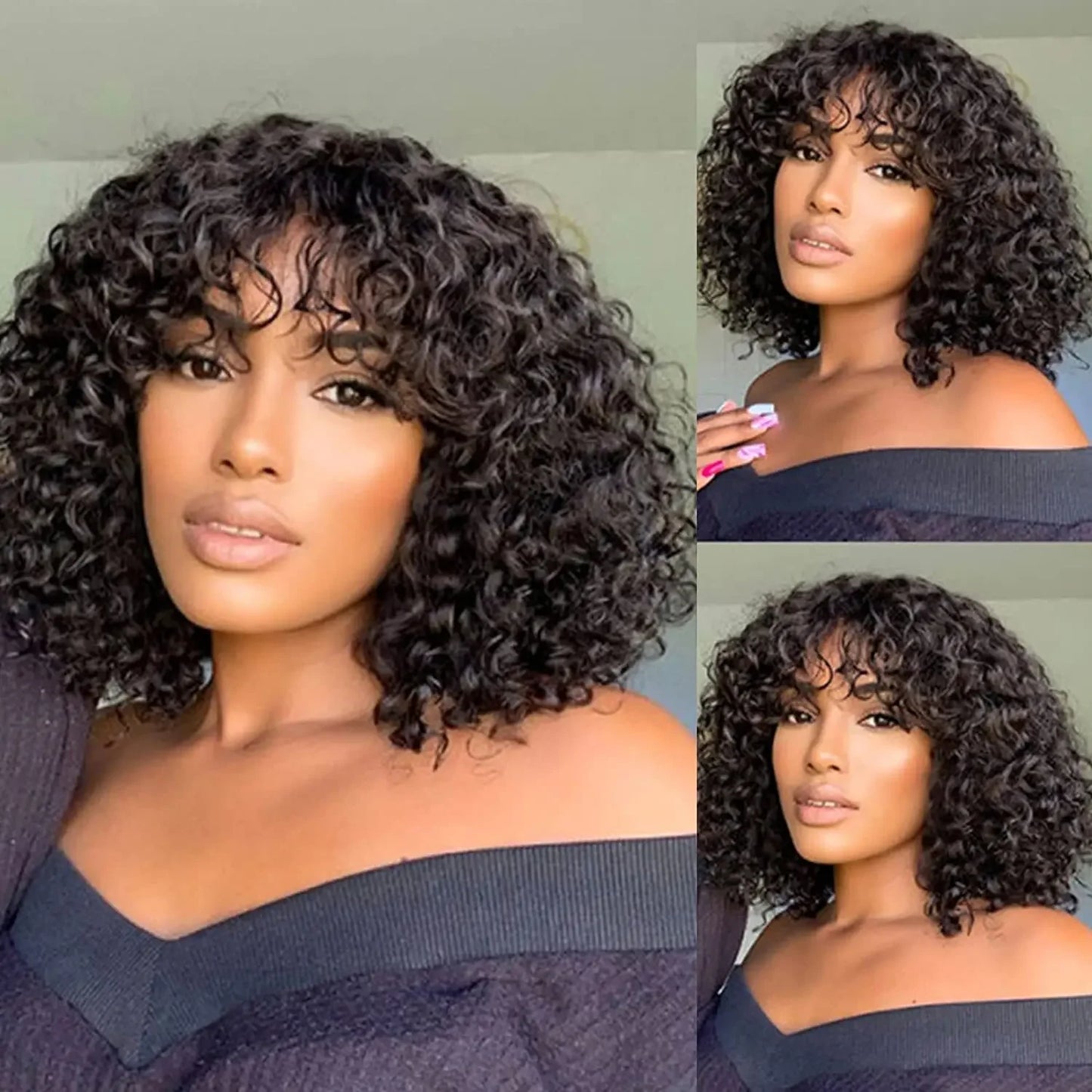 Curly Human Hair Wigs With Bangs 180% Density Water Wave Virgin Human Hair Full Machine Made Curly Glueless Wigs For Black Women