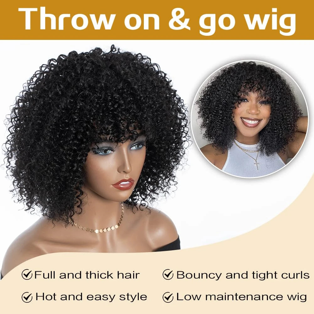 Curly Human Hair Wigs With Bangs 180% Density Water Wave Virgin Human Hair Full Machine Made Curly Glueless Wigs For Black Women