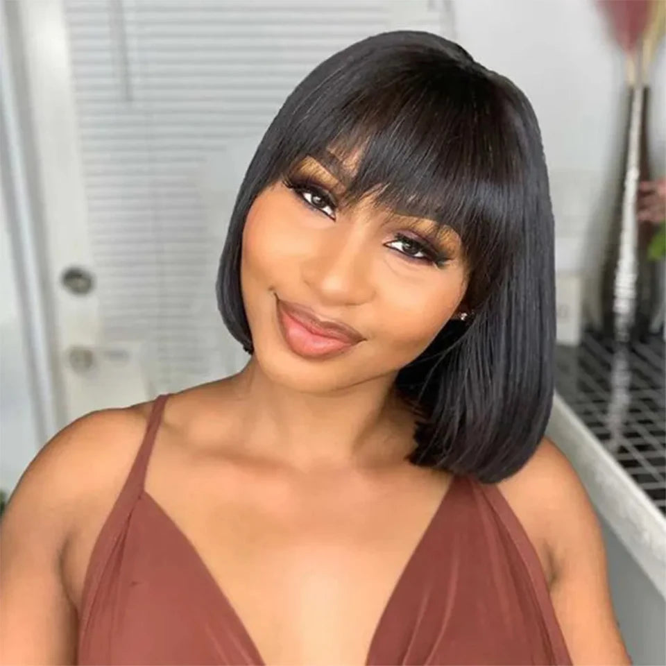 Cheap Double Drawn Virgin Hair Bob Wig With Bang Glueless Real Vietnamese Bone Straight Full Machine Made Human Hair Wigs Fringe